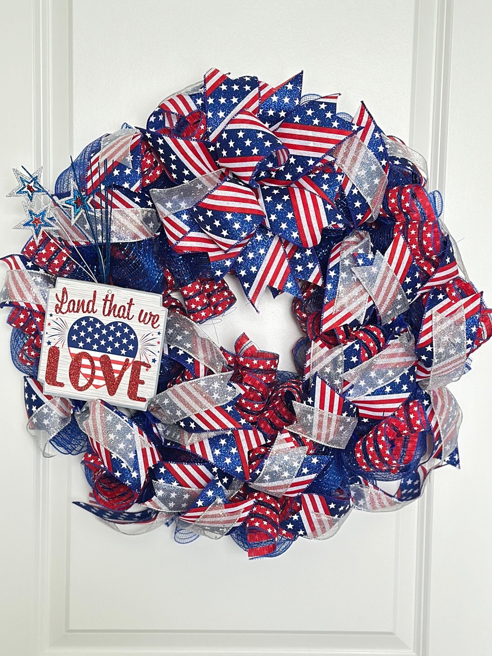Patriotic Stars & Stripes Deco Mesh Wreath | 26” July 4th Door Decor USA Sign